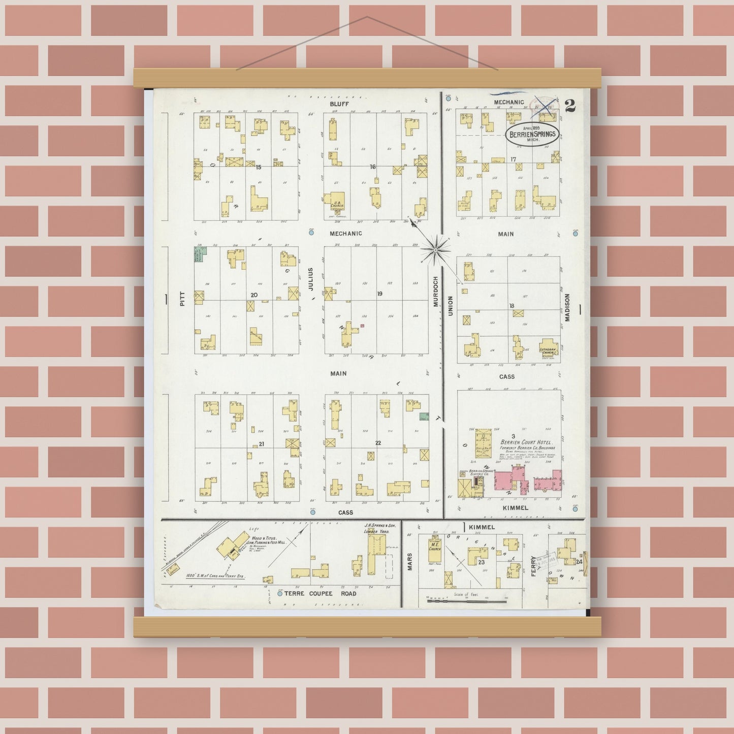 Old map wall art mockup — magnetic wood frame on brick wall — Sanborn Fire Insurance Map from Berrien Springs, Berrien, Michigan (1899), Sheet #0002