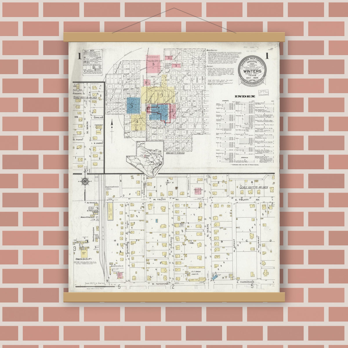 Old map wall art mockup — magnetic wood frame on brick wall — Sanborn Fire Insurance Map from Winters, Runnels County, Texas (1925) - Complete Map Set