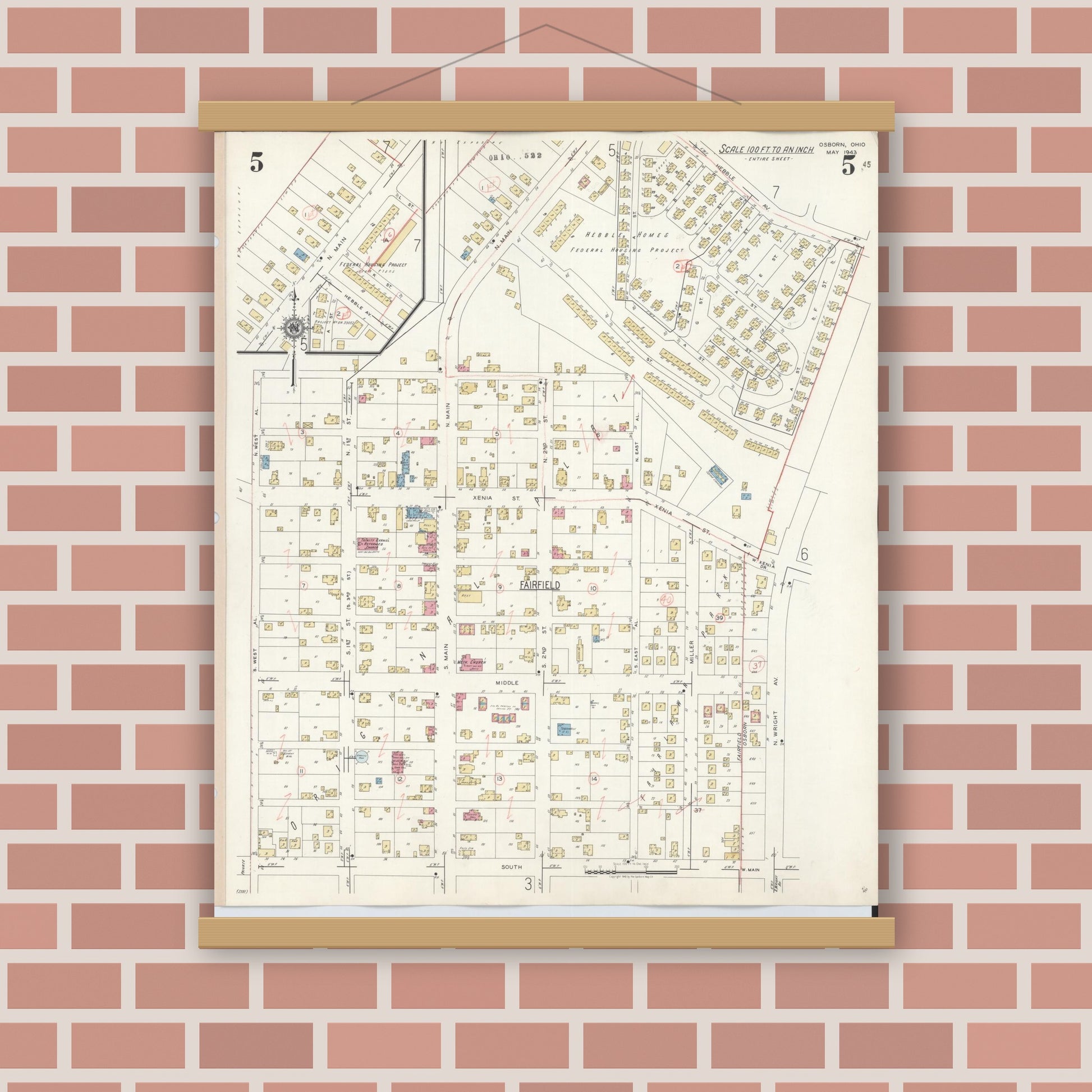 Old map wall art mockup — magnetic wood frame on brick wall — Sanborn Fire Insurance Map from Osborn, Greene County, Ohio (1943), Sheet #0005
