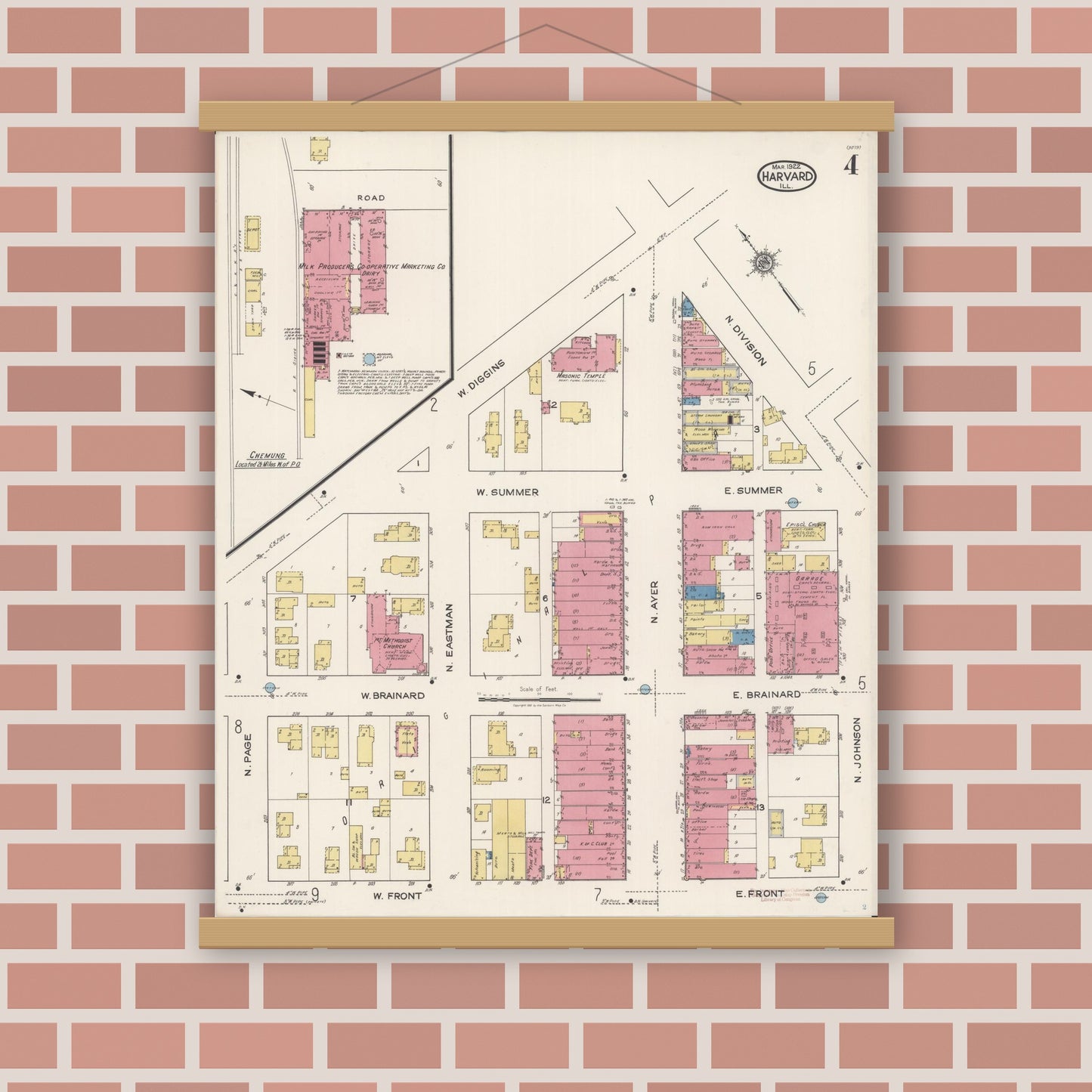 Old map wall art mockup — magnetic wood frame on brick wall — Sanborn Fire Insurance Map from Harvard, McHenry County, Illinois (1922), Sheet #0004