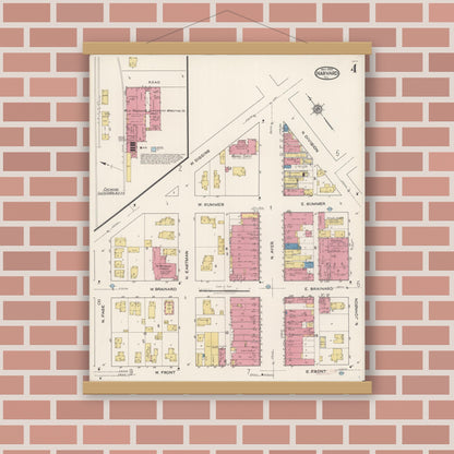 Old map wall art mockup — magnetic wood frame on brick wall — Sanborn Fire Insurance Map from Harvard, McHenry County, Illinois (1922), Sheet #0004