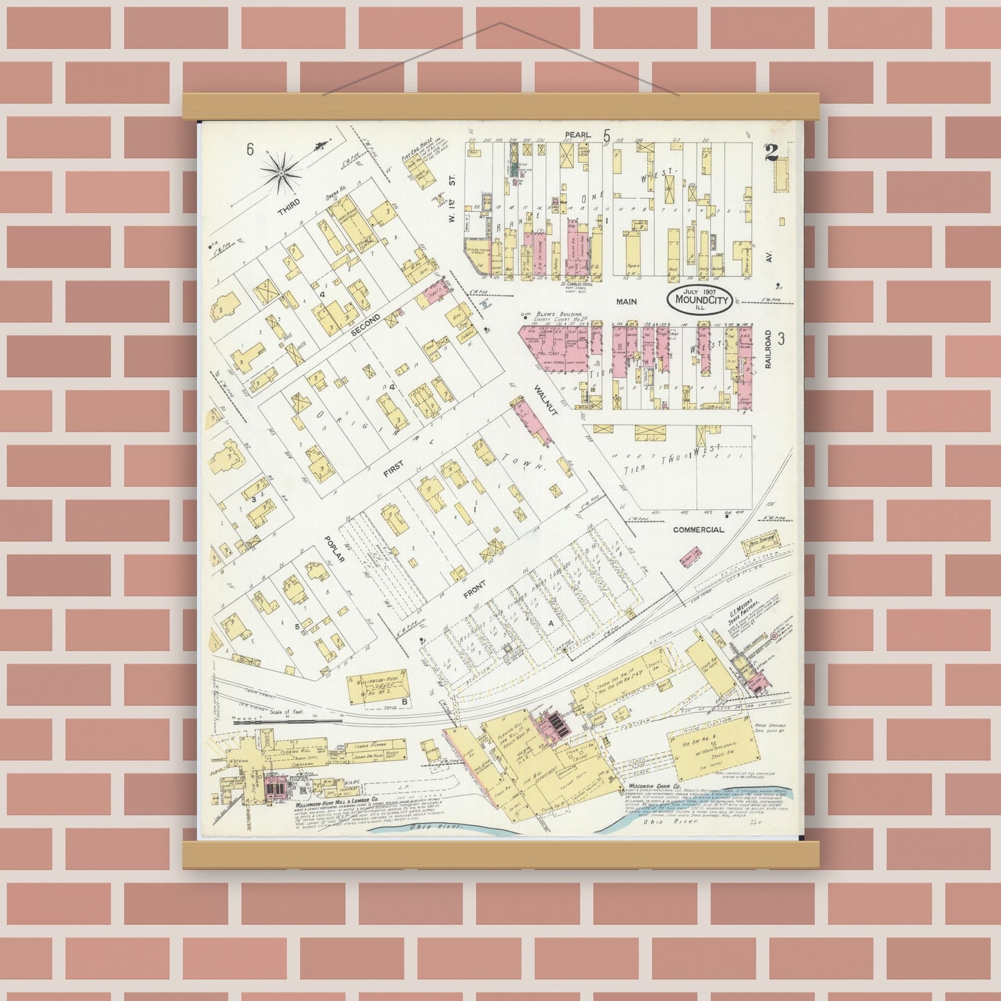 Old map wall art mockup — magnetic wood frame on brick wall — Sanborn Fire Insurance Map from Mound City, Pulaski County, Illinois (1907), Sheet #0002