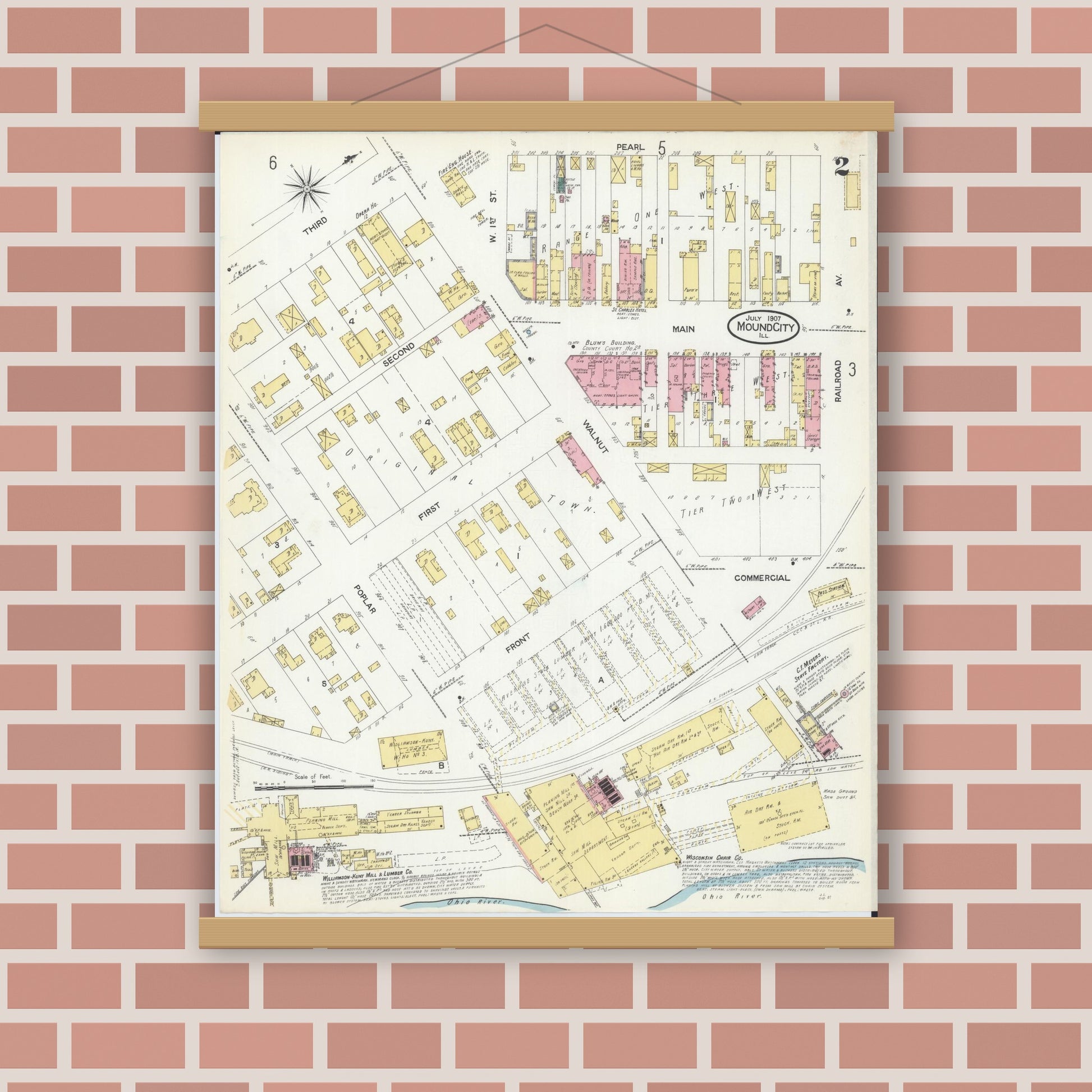 Old map wall art mockup — magnetic wood frame on brick wall — Sanborn Fire Insurance Map from Mound City, Pulaski County, Illinois (1907), Sheet #0002