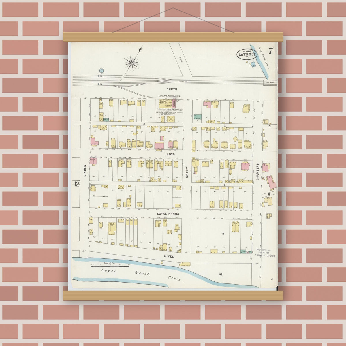 Old map wall art mockup — magnetic wood frame on brick wall — Sanborn Fire Insurance Map from Latrobe, Westmoreland County, Pennsylvania (1897), Sheet #0007