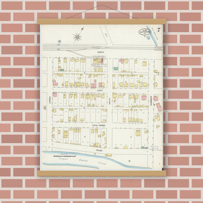 Old map wall art mockup — magnetic wood frame on brick wall — Sanborn Fire Insurance Map from Latrobe, Westmoreland County, Pennsylvania (1897), Sheet #0007