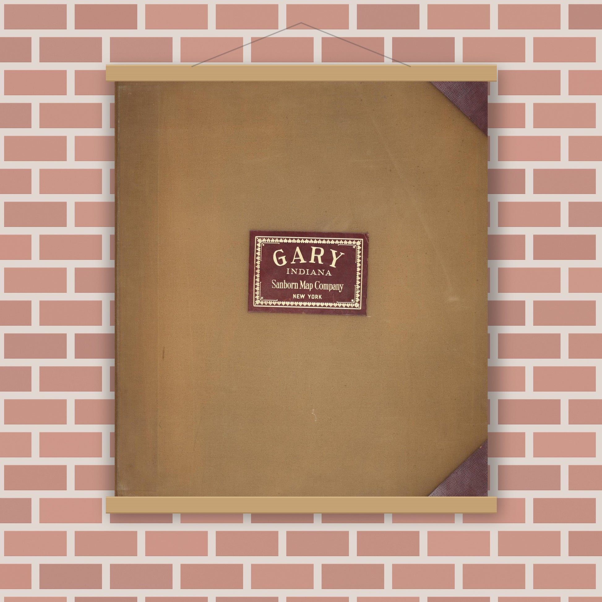 Old map wall art mockup — magnetic wood frame on brick wall — Sanborn Fire Insurance Map from Gary, Lake County, Indiana (1944), Sheet #0001