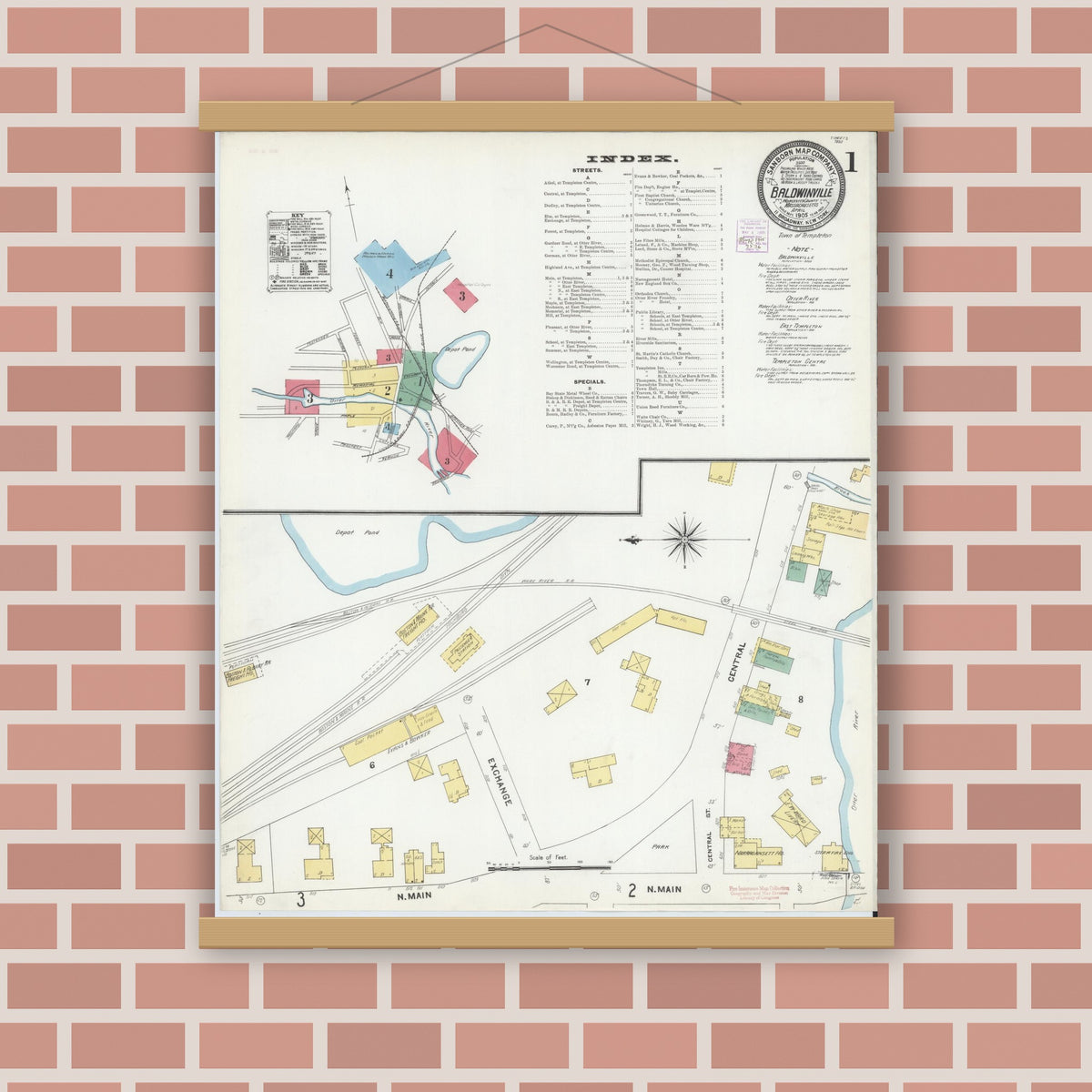 Old map wall art mockup — magnetic wood frame on brick wall — Sanborn Fire Insurance Map from Baldwinville, Worcester County, Massachusetts (1905) - Complete Map Set