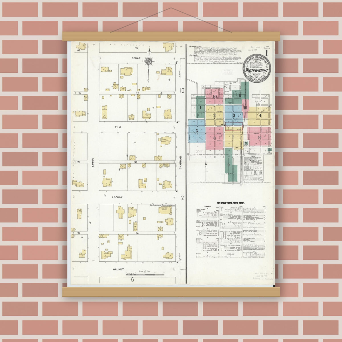 Old map wall art mockup — magnetic wood frame on brick wall — Sanborn Fire Insurance Map from Whitewright, Grayson County, Texas (1912) - Complete Map Set