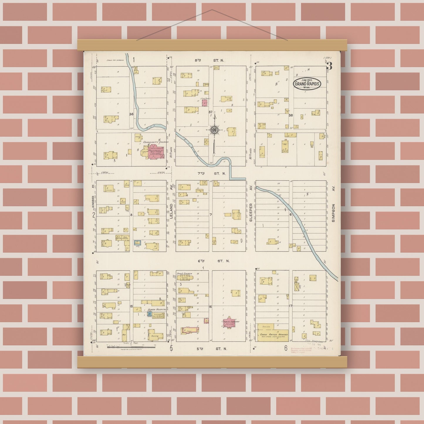 Old map wall art mockup — magnetic wood frame on brick wall — Sanborn Fire Insurance Map from Grand Rapids, Itasca County, Minnesota (1922), Sheet #0003