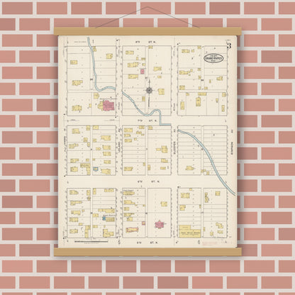 Old map wall art mockup — magnetic wood frame on brick wall — Sanborn Fire Insurance Map from Grand Rapids, Itasca County, Minnesota (1922), Sheet #0003