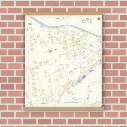 Old map wall art mockup — magnetic wood frame on brick wall — Sanborn Fire Insurance Map from Grass Valley, Nevada County, California (1898), Sheet #0010