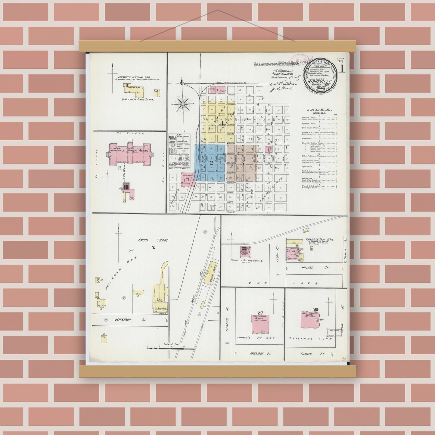 Old map wall art mockup — magnetic wood frame on brick wall — Sanborn Fire Insurance Map from Kirksville, Adair County, Missouri (1891) - Complete Map Set