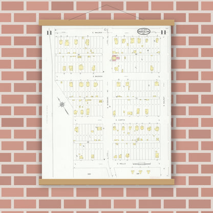 Old map wall art mockup — magnetic wood frame on brick wall — Sanborn Fire Insurance Map from Marceline, Linn County, Missouri (1930), Sheet #0011