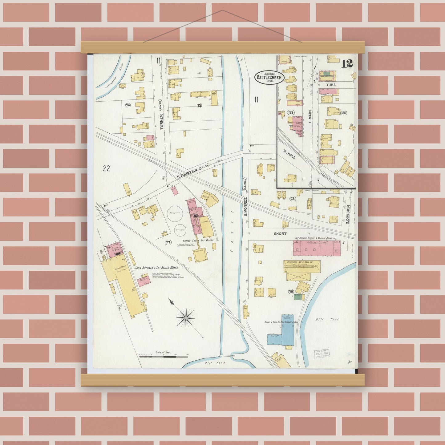 Old map wall art mockup — magnetic wood frame on brick wall — Sanborn Fire Insurance Map from Battle Creek, Calhoun County, Michigan (1902), Sheet #0012