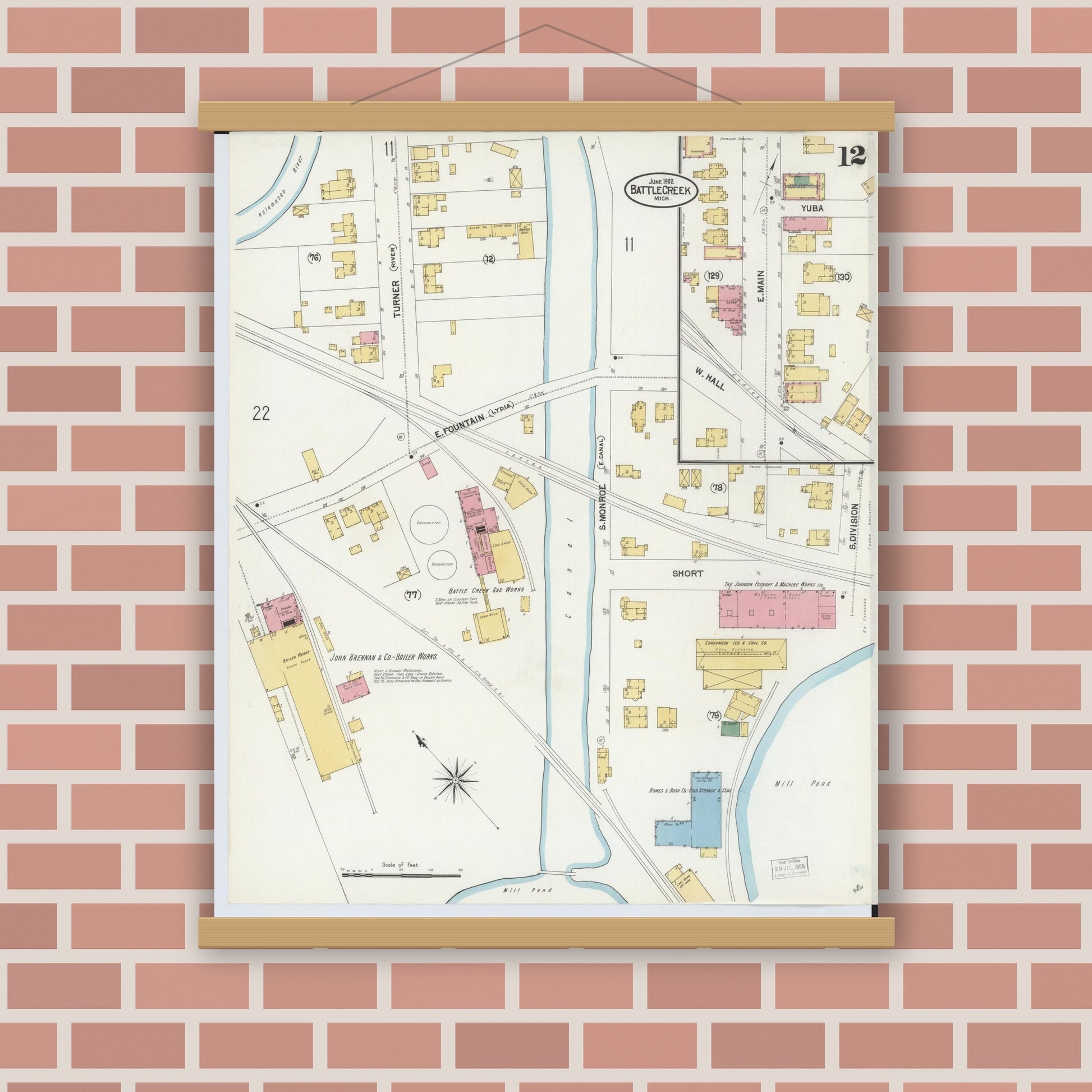 Old map wall art mockup — magnetic wood frame on brick wall — Sanborn Fire Insurance Map from Battle Creek, Calhoun County, Michigan (1902), Sheet #0012
