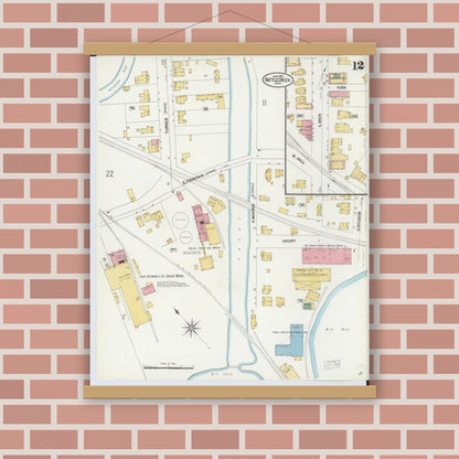 Old map wall art mockup — magnetic wood frame on brick wall — Sanborn Fire Insurance Map from Battle Creek, Calhoun County, Michigan (1902), Sheet #0012