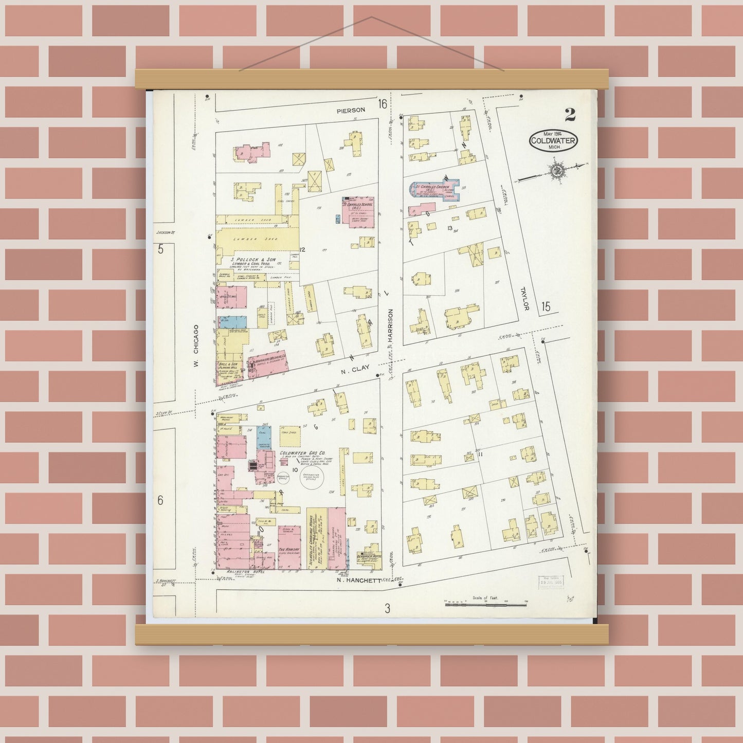 Old map wall art mockup — magnetic wood frame on brick wall — Sanborn Fire Insurance Map from Coldwater, Branch County, Michigan (1914), Sheet #0002