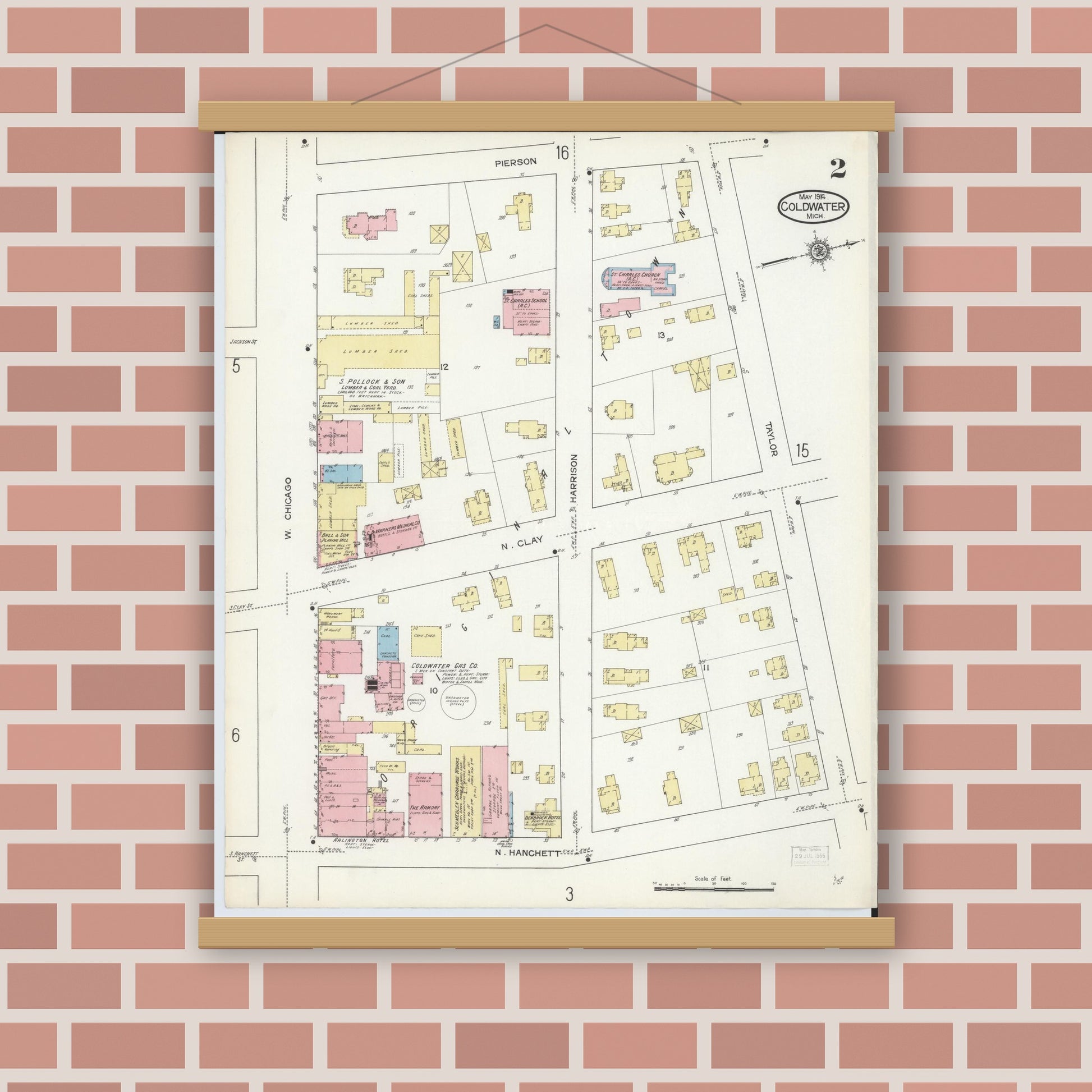 Old map wall art mockup — magnetic wood frame on brick wall — Sanborn Fire Insurance Map from Coldwater, Branch County, Michigan (1914), Sheet #0002