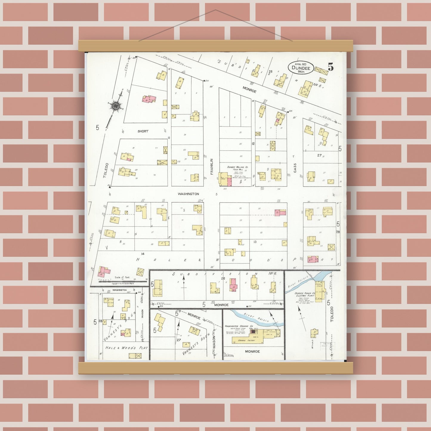 Old map wall art mockup — magnetic wood frame on brick wall — Sanborn Fire Insurance Map from Dundee, Monroe County, Michigan (1923), Sheet #0005
