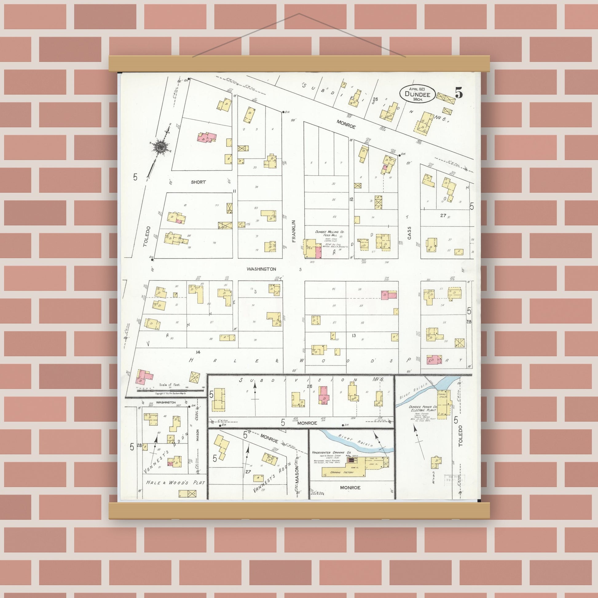 Old map wall art mockup — magnetic wood frame on brick wall — Sanborn Fire Insurance Map from Dundee, Monroe County, Michigan (1923), Sheet #0005