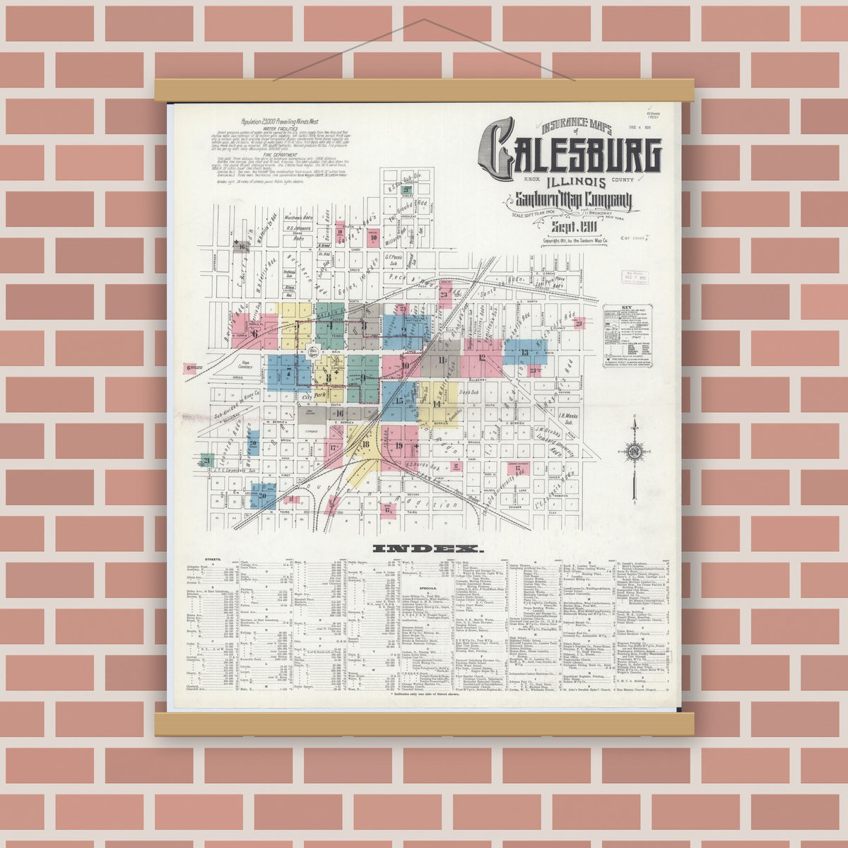 Old map wall art mockup — magnetic wood frame on brick wall — Sanborn Fire Insurance Map from Galesburg, Knox County, Illinois (1911) - Complete Map Set