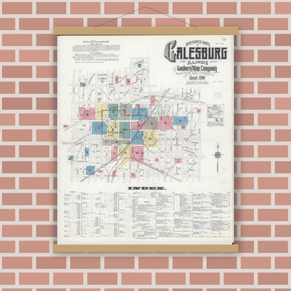 Old map wall art mockup — magnetic wood frame on brick wall — Sanborn Fire Insurance Map from Galesburg, Knox County, Illinois (1911) - Complete Map Set