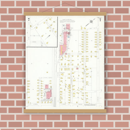Old map wall art mockup — magnetic wood frame on brick wall — Sanborn Fire Insurance Map from Selma, Johnston County, North Carolina (1933), Sheet #0007