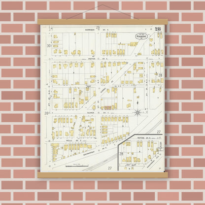 Old map wall art mockup — magnetic wood frame on brick wall — Sanborn Fire Insurance Map from Roanoke, Independent Cities, Virginia (1903), Sheet #0028