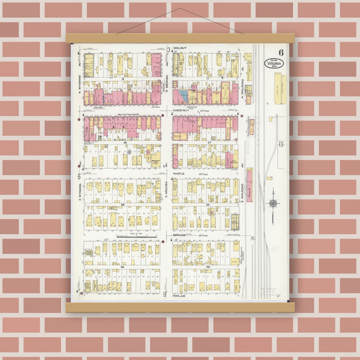 Old map wall art mockup — magnetic wood frame on brick wall — Sanborn Fire Insurance Map from Virginia, Saint Louis County, Minnesota (1910), Sheet #0006