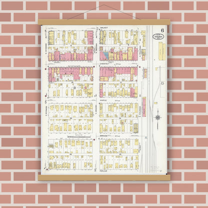 Old map wall art mockup — magnetic wood frame on brick wall — Sanborn Fire Insurance Map from Virginia, Saint Louis County, Minnesota (1910), Sheet #0006
