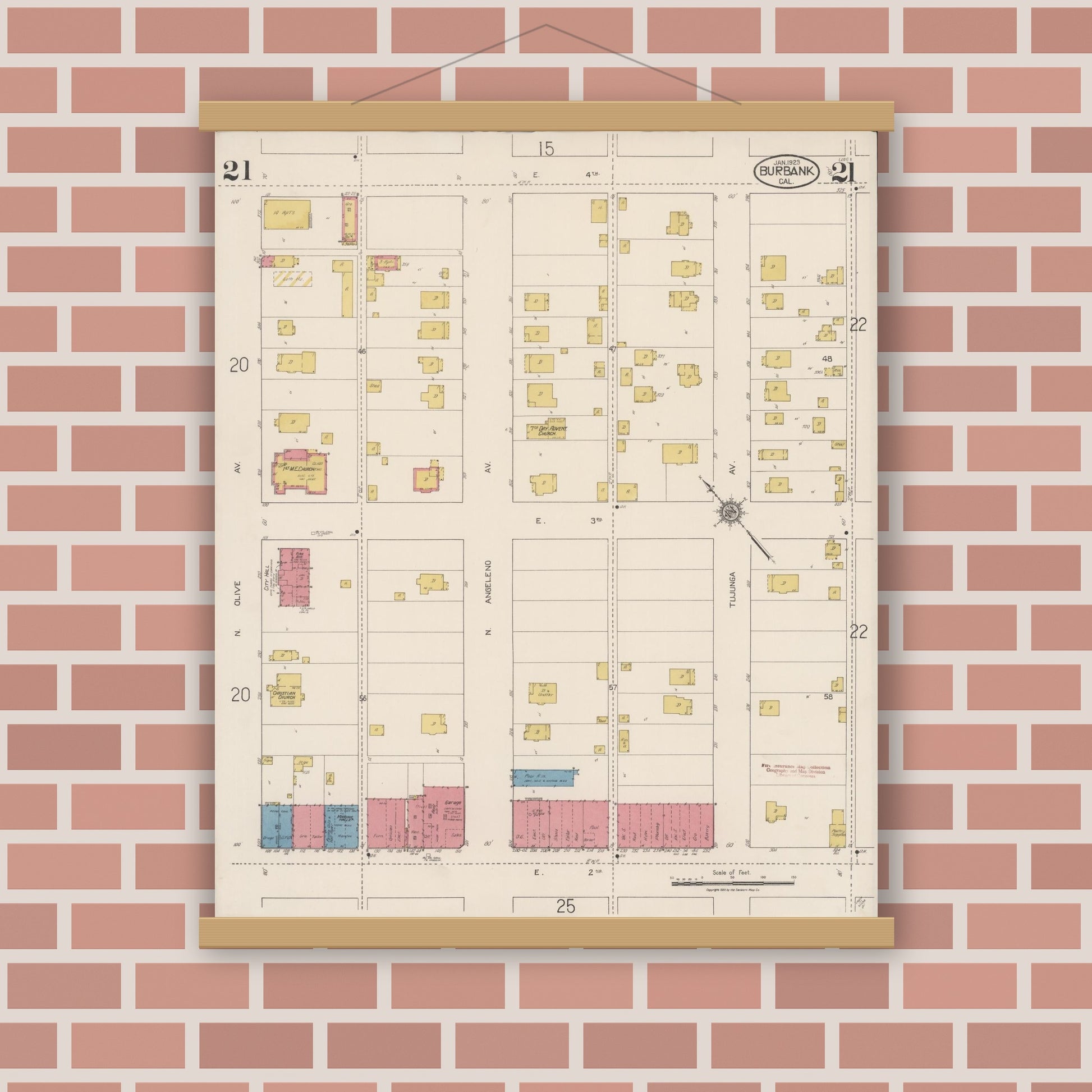 Old map wall art mockup — magnetic wood frame on brick wall — Sanborn Fire Insurance Map from Burbank, Los Angeles County, California (1923), Sheet #0021