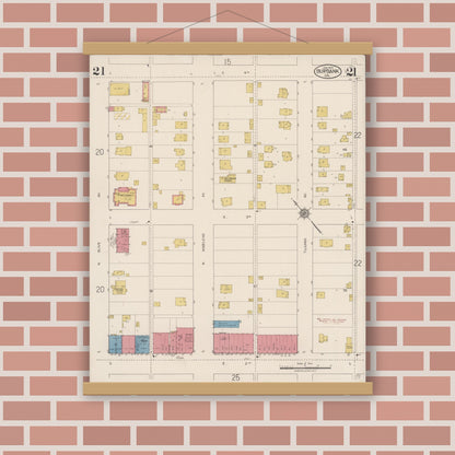 Old map wall art mockup — magnetic wood frame on brick wall — Sanborn Fire Insurance Map from Burbank, Los Angeles County, California (1923), Sheet #0021