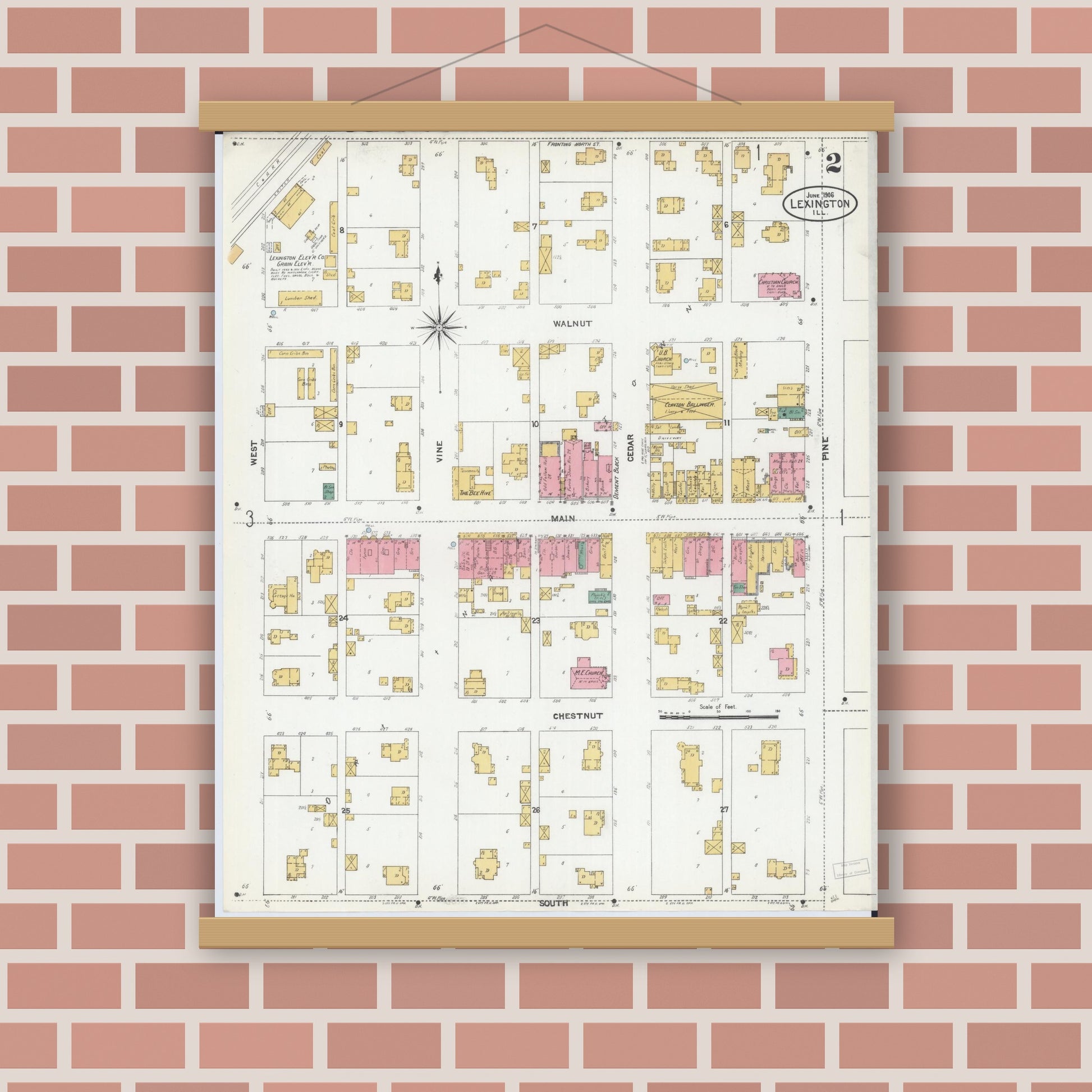 Old map wall art mockup — magnetic wood frame on brick wall — Sanborn Fire Insurance Map from Lexington, McLean County, Illinois (1906), Sheet #0002