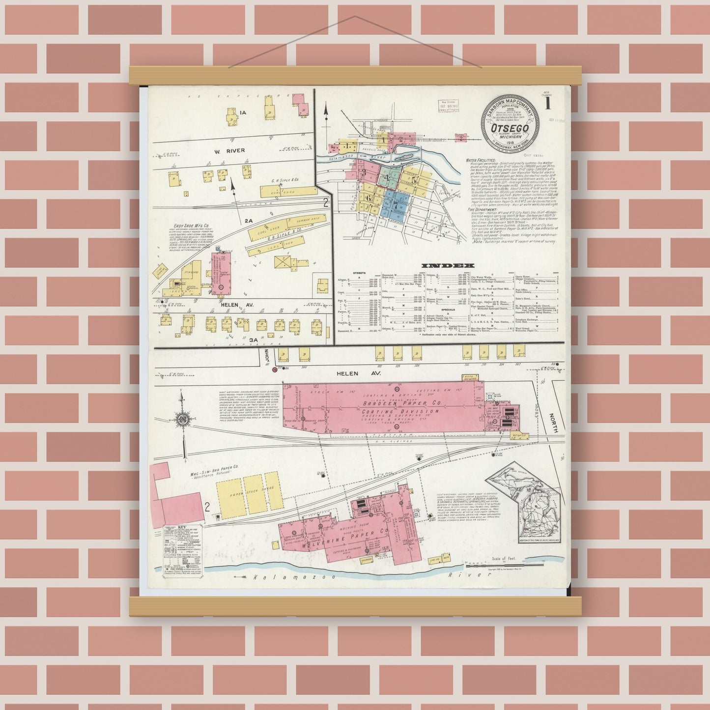 Old map wall art mockup — magnetic wood frame on brick wall — Sanborn Fire Insurance Map from Otsego, Allegan County, Michigan (1918) - Complete Map Set