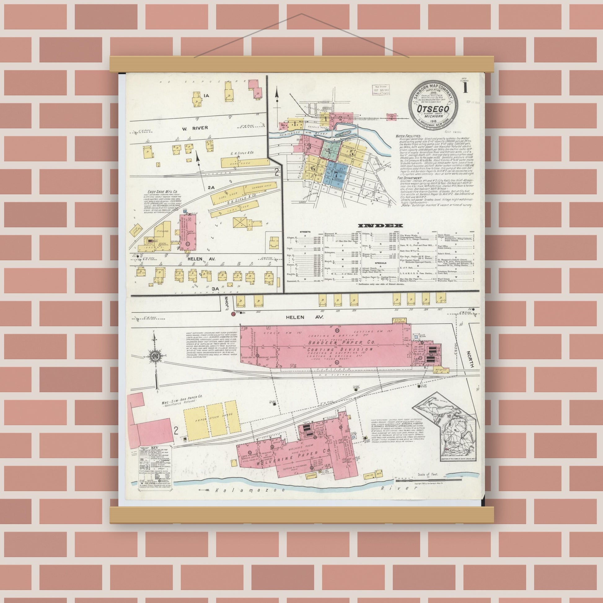 Old map wall art mockup — magnetic wood frame on brick wall — Sanborn Fire Insurance Map from Otsego, Allegan County, Michigan (1918) - Complete Map Set