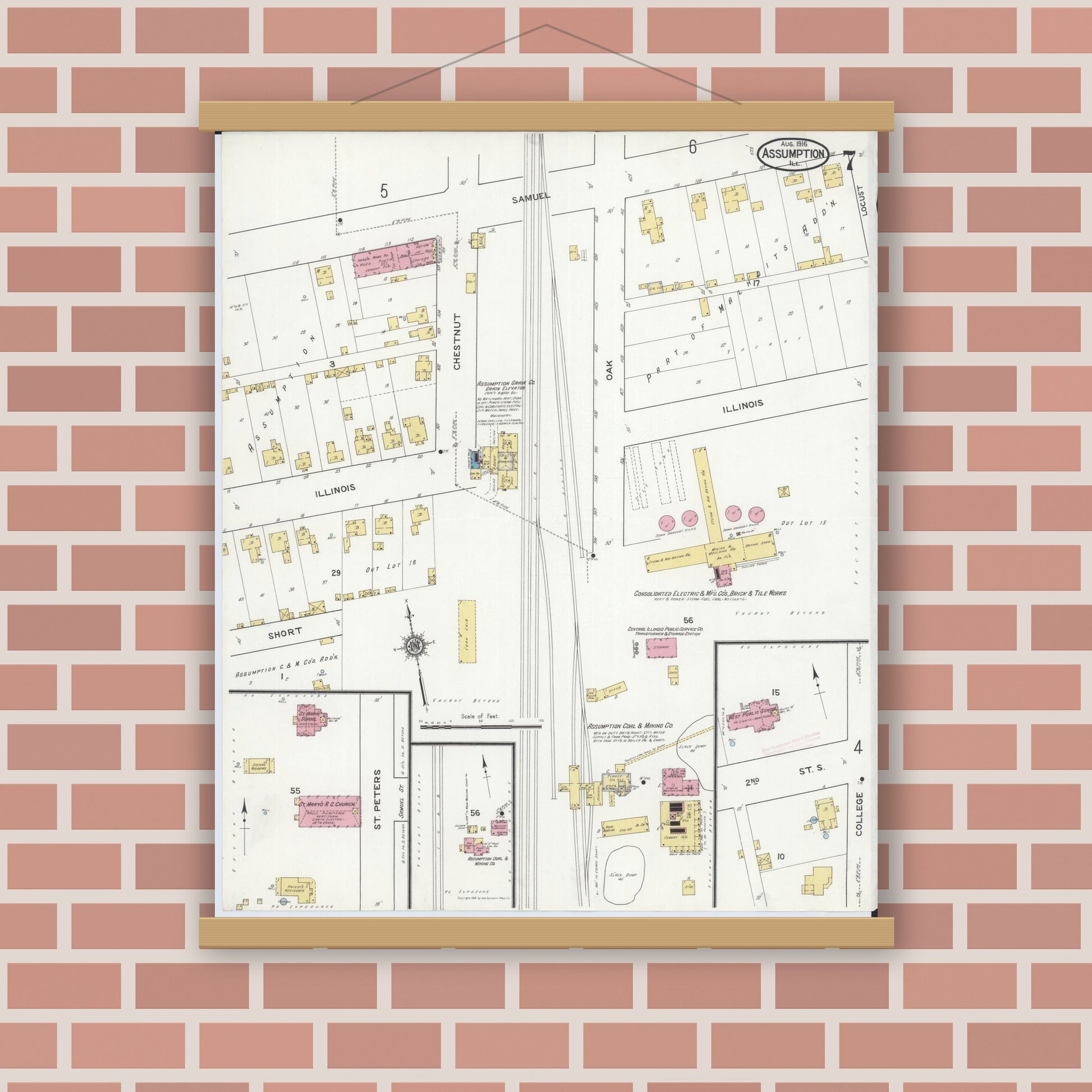 Old map wall art mockup — magnetic wood frame on brick wall — Sanborn Fire Insurance Map from Assumption, Christian County, Illinois (1916), Sheet #0007
