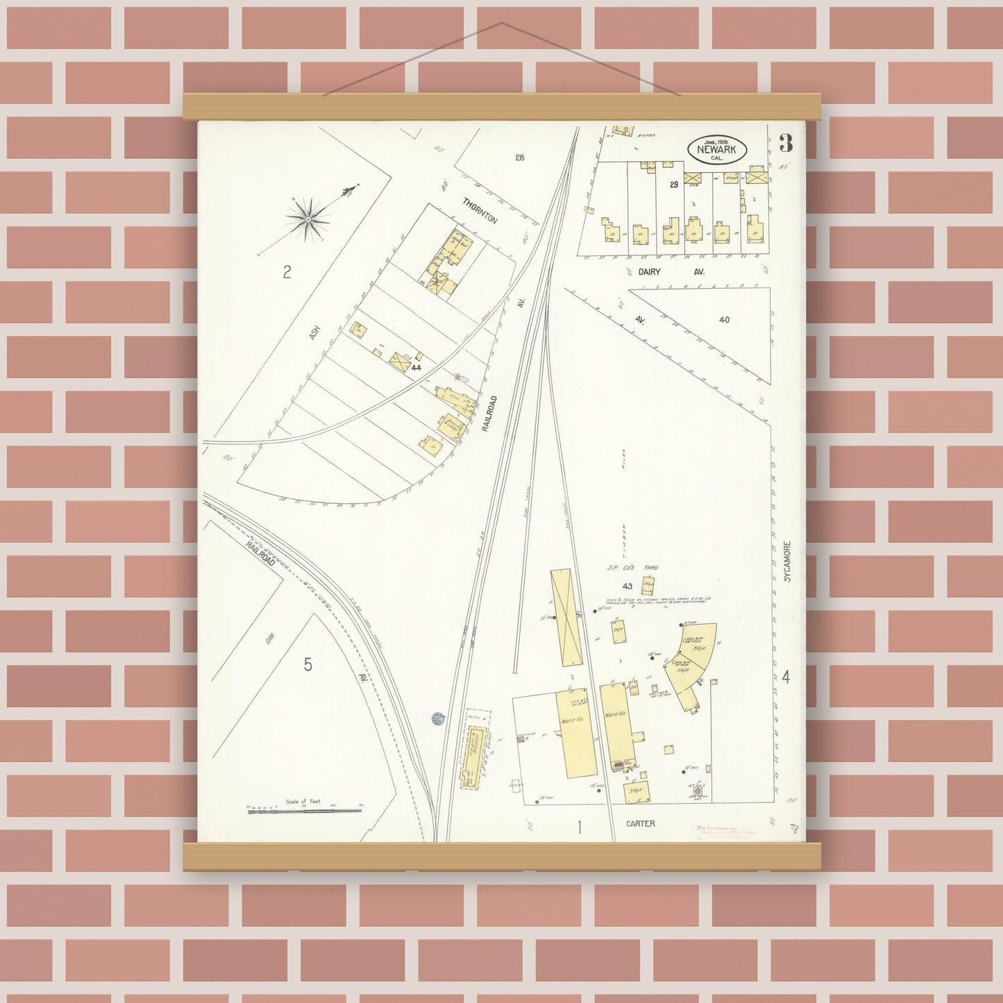 Old map wall art mockup — magnetic wood frame on brick wall — Sanborn Fire Insurance Map from Newark, Alameda County, California (1908), Sheet #0003