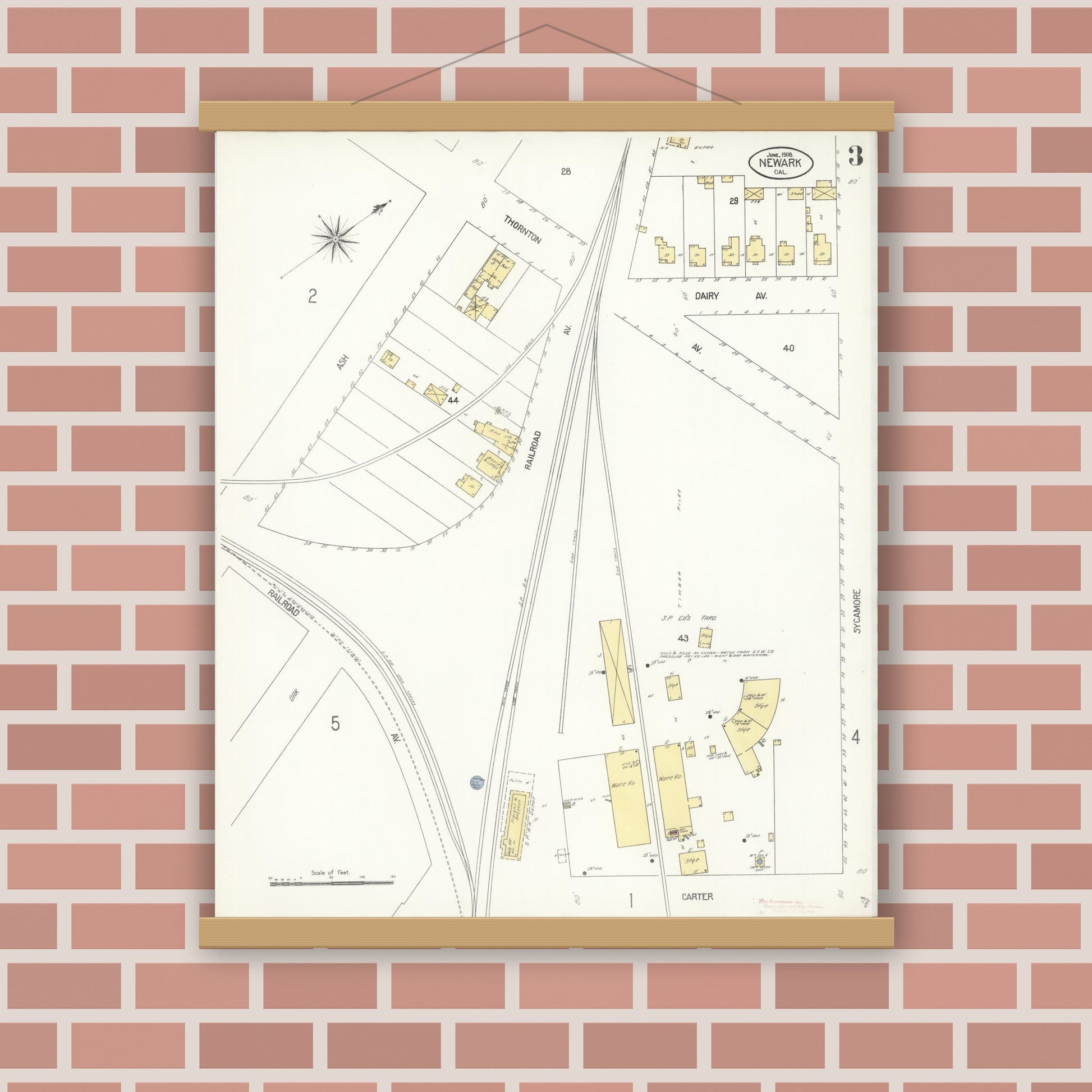 Old map wall art mockup — magnetic wood frame on brick wall — Sanborn Fire Insurance Map from Newark, Alameda County, California (1908), Sheet #0003