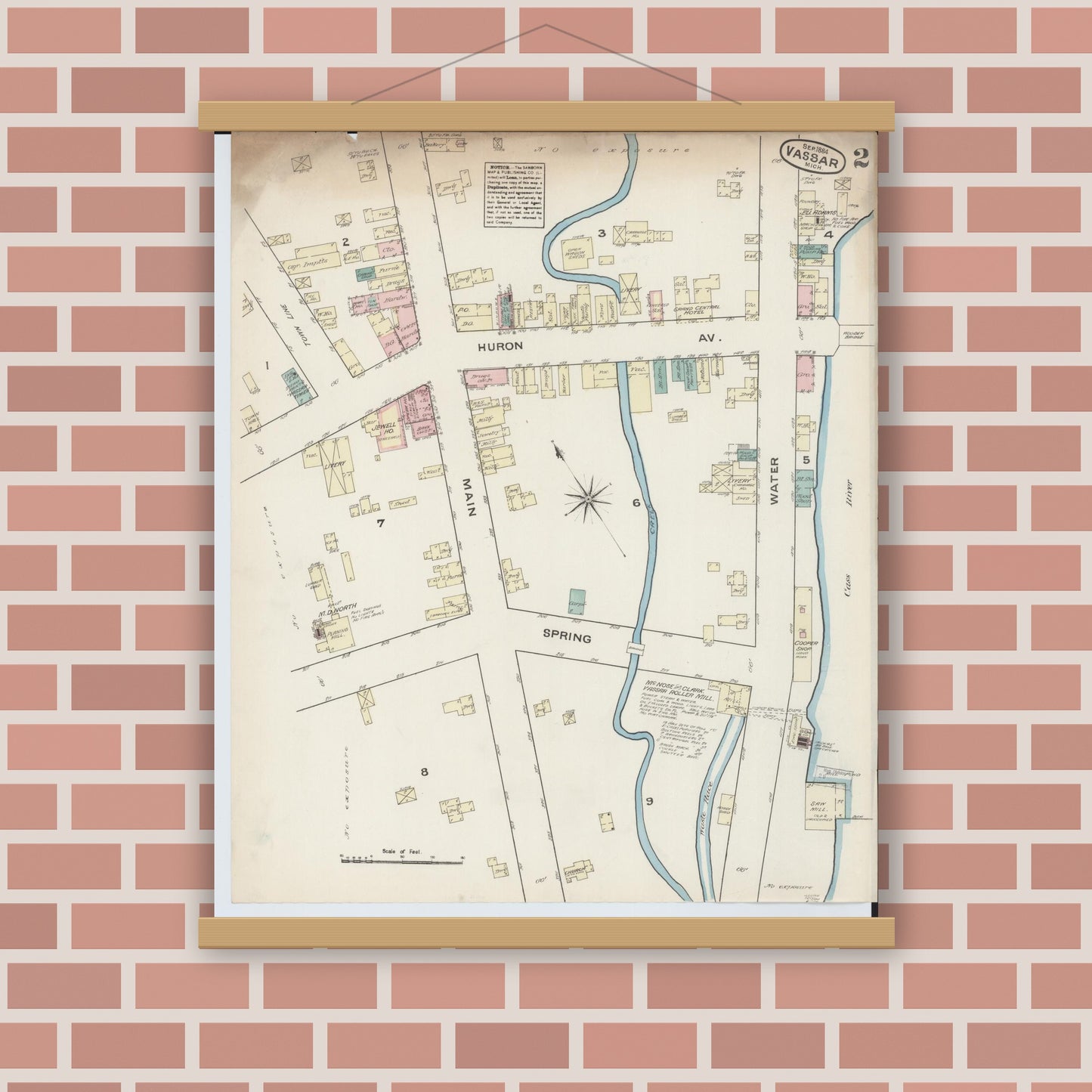 Old map wall art mockup — magnetic wood frame on brick wall — Sanborn Fire Insurance Map from Vassar, Tuscola County, Michigan (1884), Sheet #0002