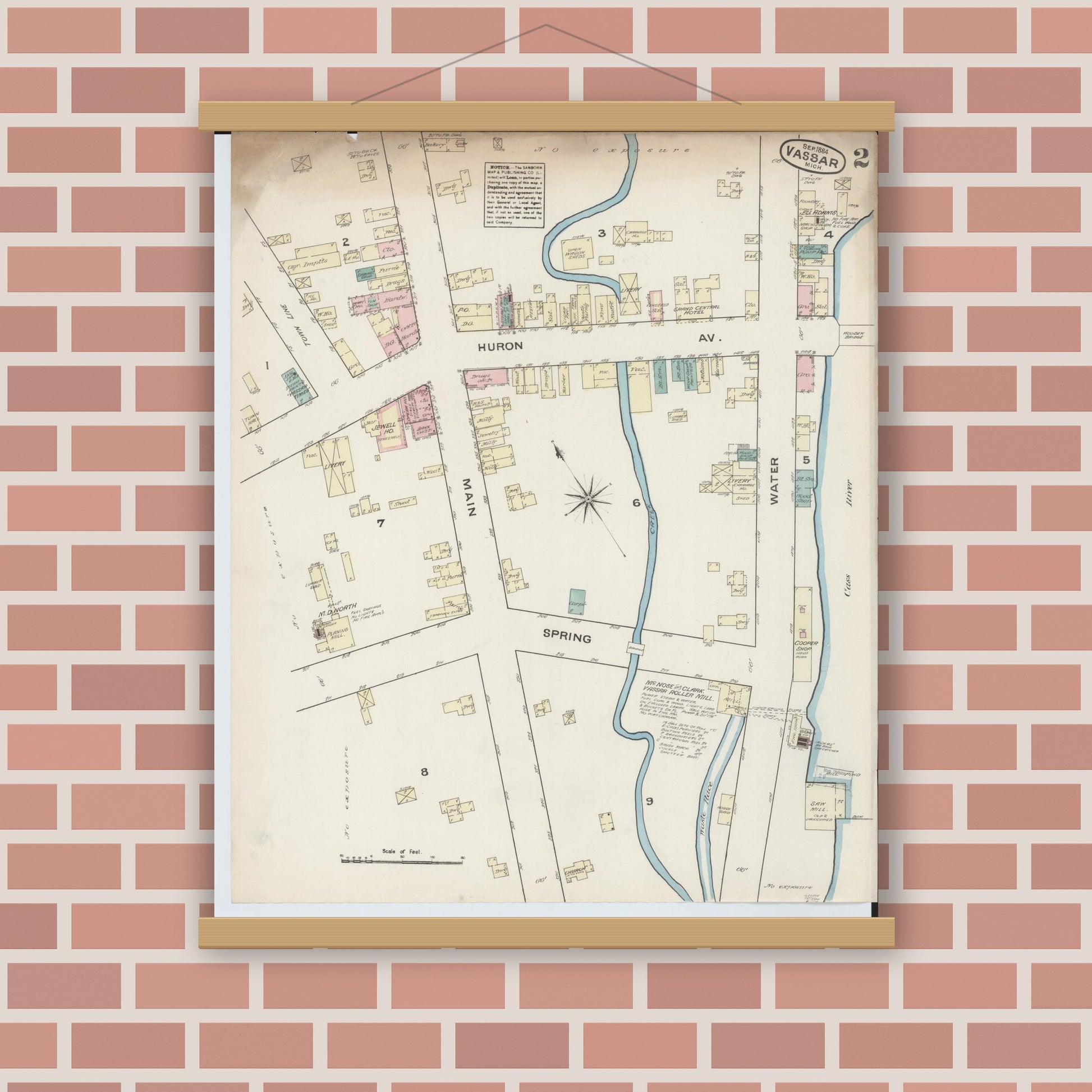 Old map wall art mockup — magnetic wood frame on brick wall — Sanborn Fire Insurance Map from Vassar, Tuscola County, Michigan (1884), Sheet #0002