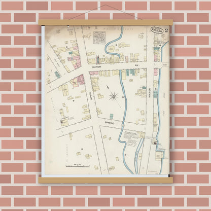 Old map wall art mockup — magnetic wood frame on brick wall — Sanborn Fire Insurance Map from Vassar, Tuscola County, Michigan (1884), Sheet #0002