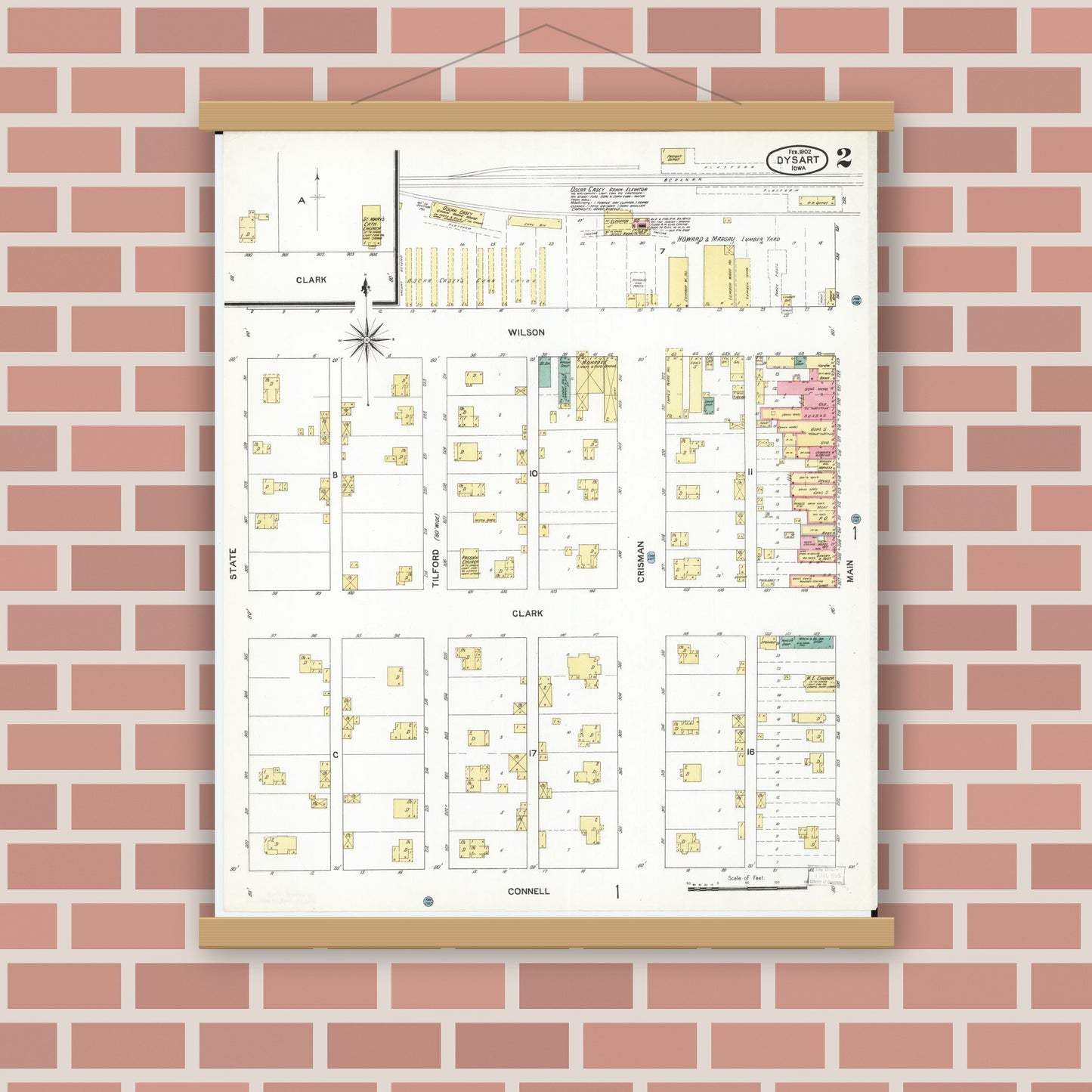 Old map wall art mockup — magnetic wood frame on brick wall — Sanborn Fire Insurance Map from Dysart, Tama County, Iowa (1902), Sheet #0002