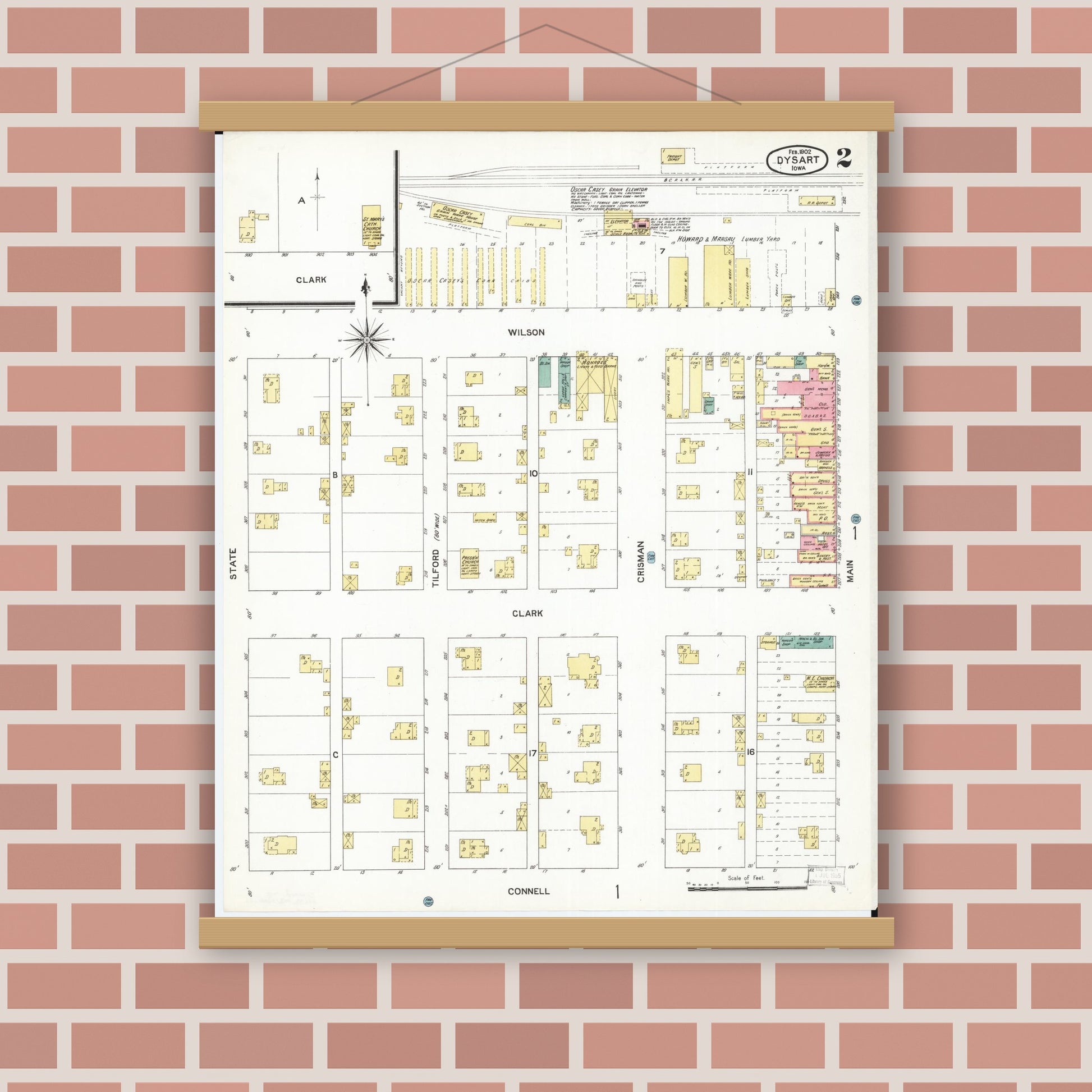 Old map wall art mockup — magnetic wood frame on brick wall — Sanborn Fire Insurance Map from Dysart, Tama County, Iowa (1902), Sheet #0002
