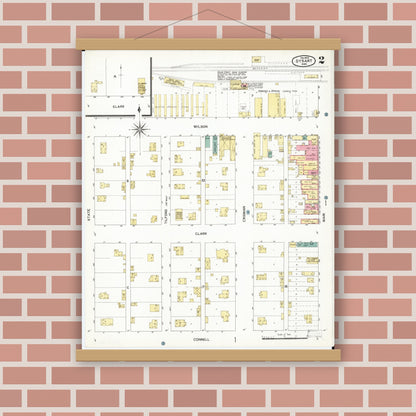 Old map wall art mockup — magnetic wood frame on brick wall — Sanborn Fire Insurance Map from Dysart, Tama County, Iowa (1902), Sheet #0002