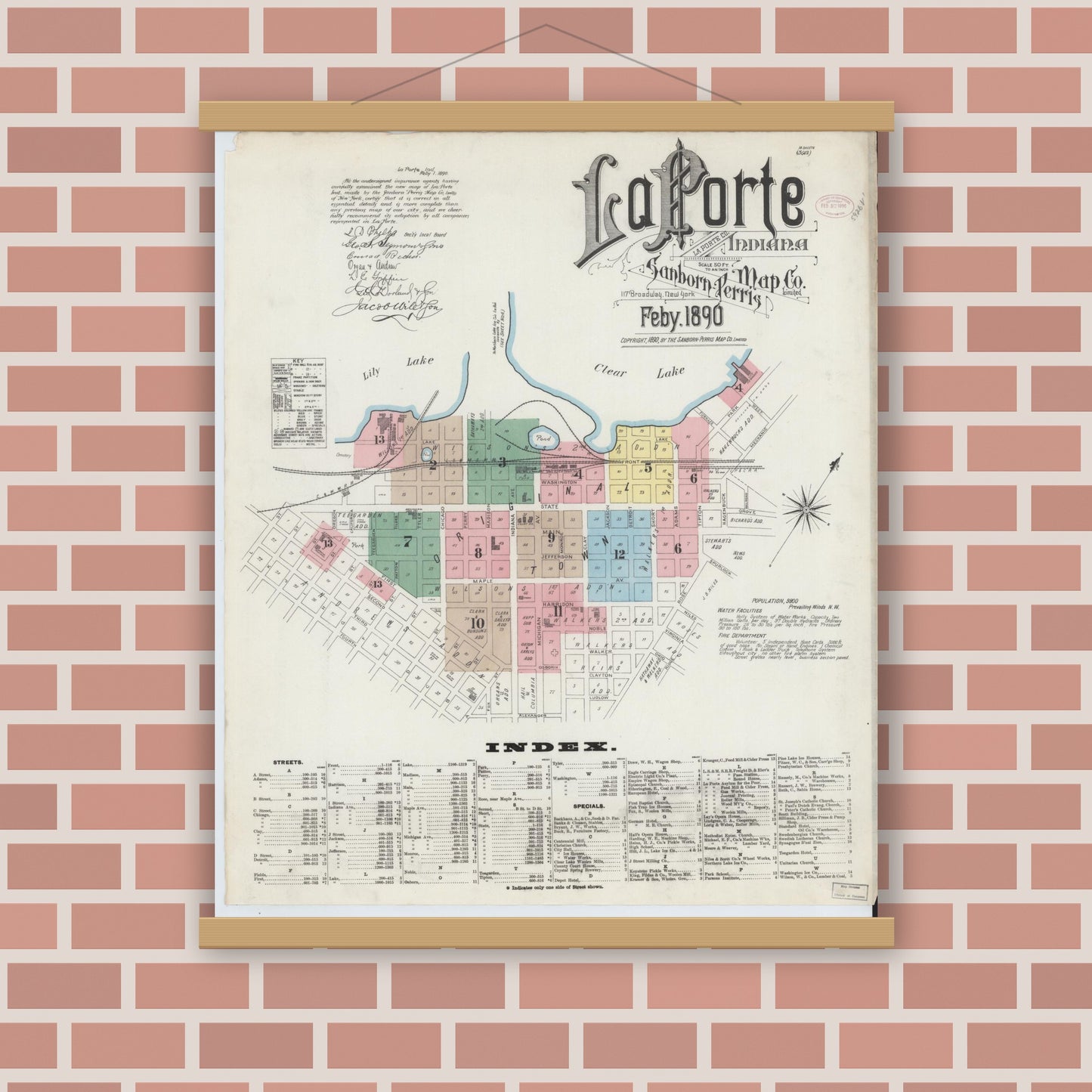 Old map wall art mockup — magnetic wood frame on brick wall — Sanborn Fire Insurance Map from La Porte, La Porte County, Indiana (1890) - Complete Map Set