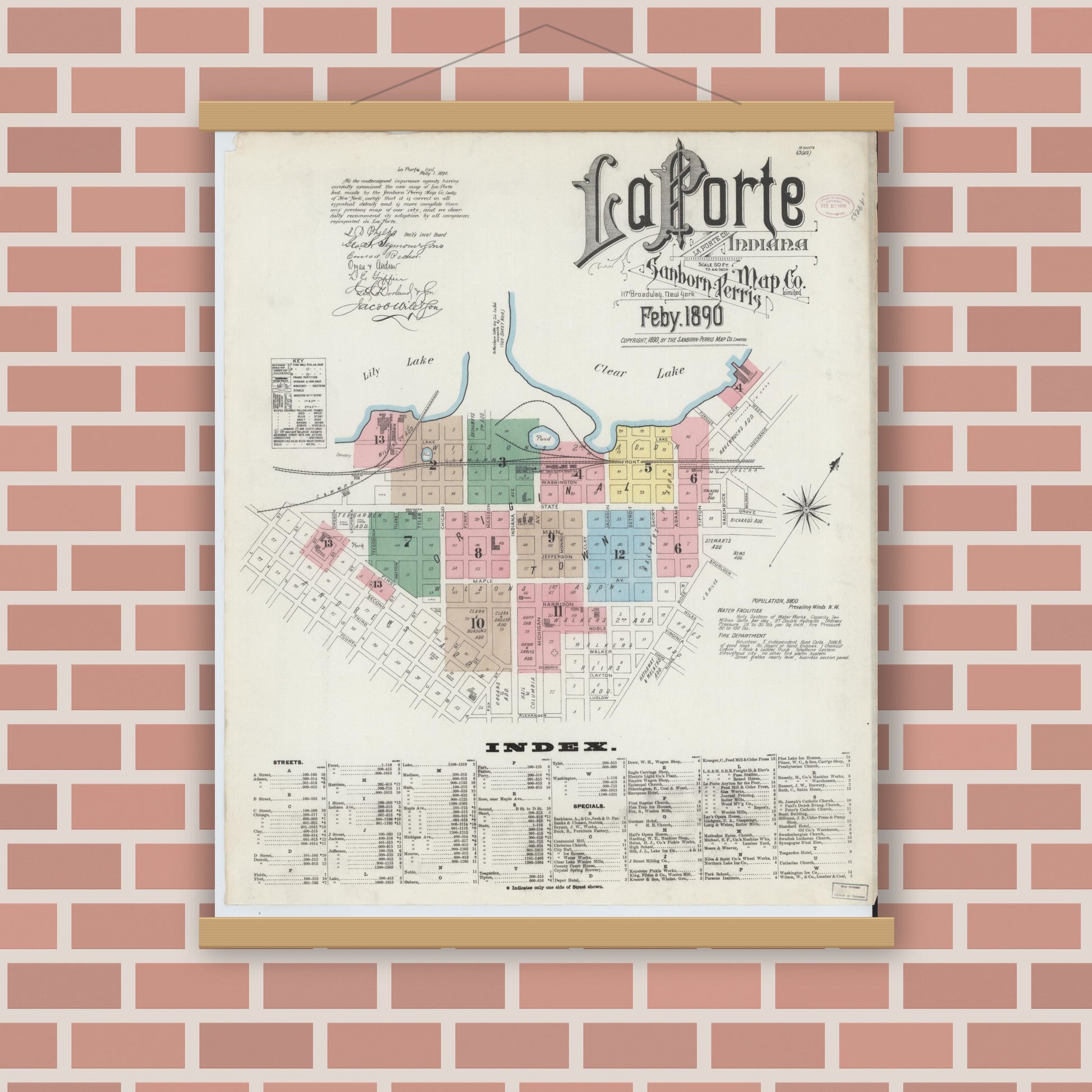 Old map wall art mockup — magnetic wood frame on brick wall — Sanborn Fire Insurance Map from La Porte, La Porte County, Indiana (1890) - Complete Map Set