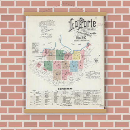 Old map wall art mockup — magnetic wood frame on brick wall — Sanborn Fire Insurance Map from La Porte, La Porte County, Indiana (1890) - Complete Map Set