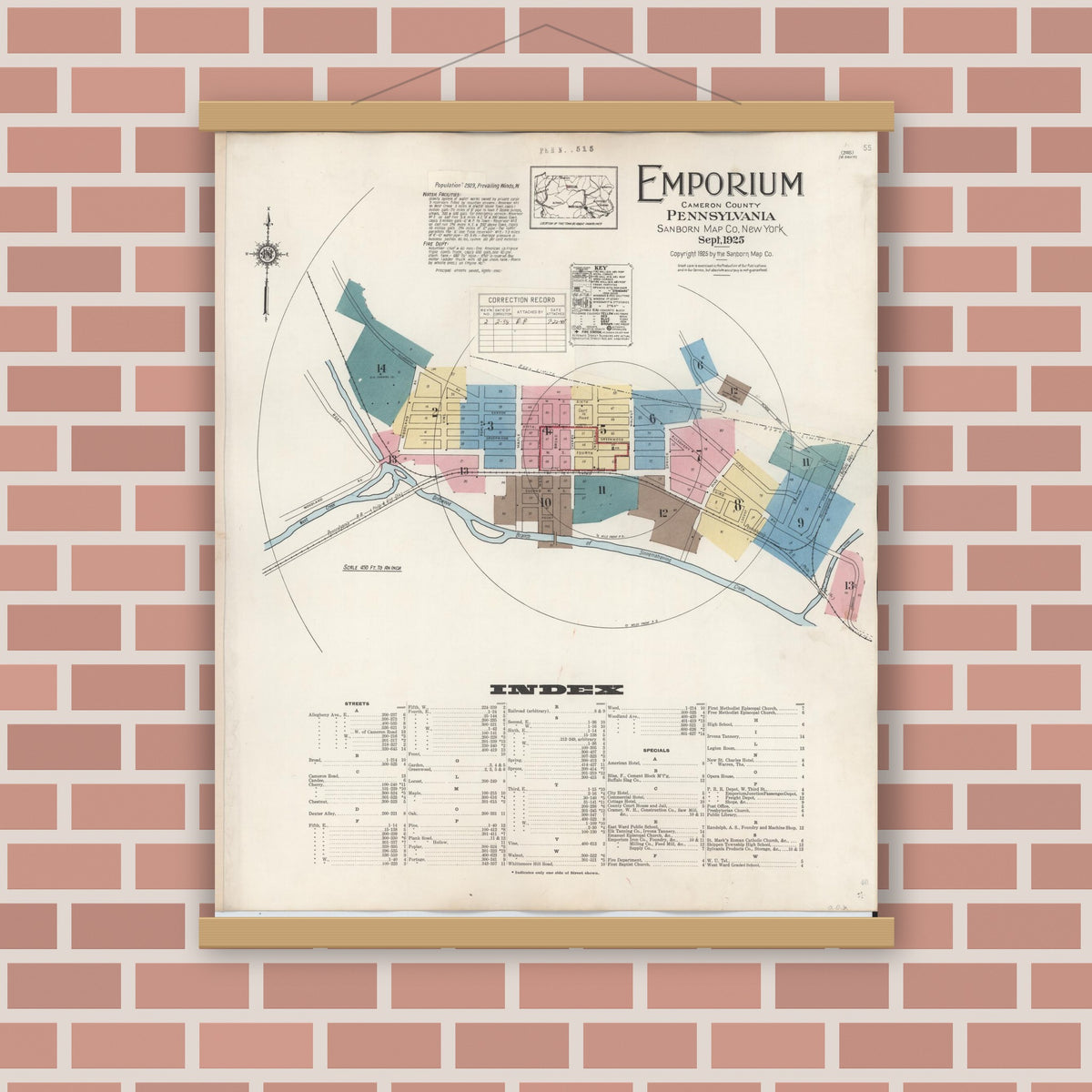 Old map wall art mockup — magnetic wood frame on brick wall — Sanborn Fire Insurance Map from Emporium, Cameron County, Pennsylvania (1938) - Complete Map Set
