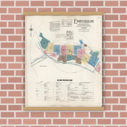 Old map wall art mockup — magnetic wood frame on brick wall — Sanborn Fire Insurance Map from Emporium, Cameron County, Pennsylvania (1938) - Complete Map Set
