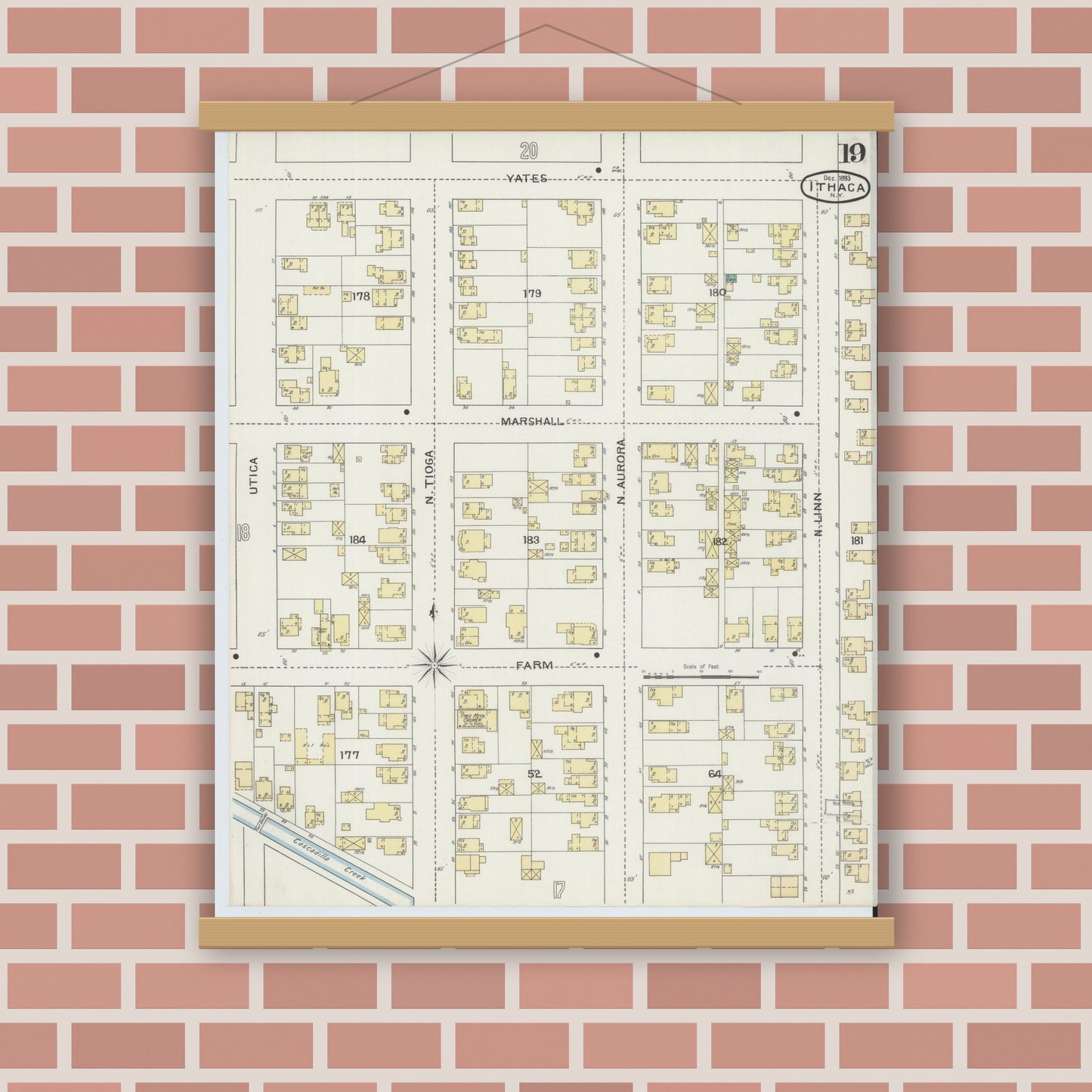 Old map wall art mockup — magnetic wood frame on brick wall — Sanborn Fire Insurance Map from Ithaca, Tompkins County, New York (1893), Sheet #0019